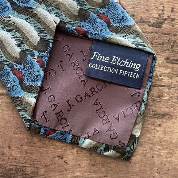 J Jerry Garcia Silk Tie Blue Gray Red Fine Etching Collection 15 Vintage Necktie - Picture 6 of 7